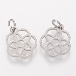 Stainless Steel Color 304 Stainless Steel Pendants, Flower, Stainless Steel Color, 13x12x1.1mm, Hole: 3mm