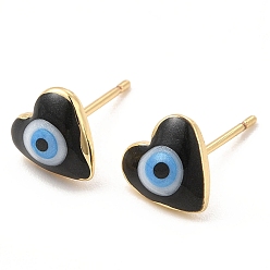 Negro Aretes de corazón esmaltado con mal de ojo, joyas de latón chapado en oro real 18k para mujer, negro, 8x8 mm, pin: 0.7 mm