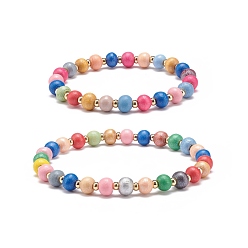 Colorful 2Pcs 2 Size Natural Wood Round Beaded Stretch Bracelets Set for Kid and Parent, Colorful, Inner Diameter: 1-3/4~2-1/4 inch(4.6~5.7cm), 1Pc/size