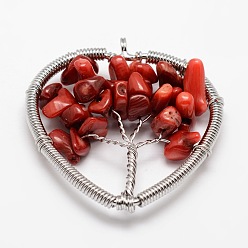 Synthetic Coral Tree of Life Synthetical Coral Bead Brass Wire Wrapped Heart Big Pendants, Cadmium Free & Nickel Free & Lead Free, Platinum, 45~50x48~52x6~9mm, Hole: 4~6mm