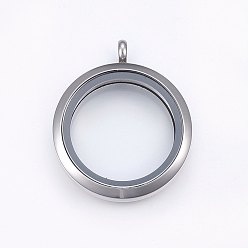 Stainless Steel Color 304 Stainless Steel Magnetic Floating Locket Pendants, with Glass, Flat Round, Clear, Stainless Steel Color, 37x30x6.5mm, Hole: 4.5mm, Inner Diameter: 23mm