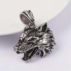 Antique Silver 316 Surgical Stainless Steel Pendants, Wolf, Antique Silver, 29x34x8mm, Hole: 7x12mm