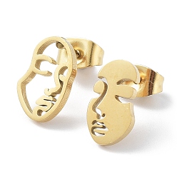 Golden 304 Stainless Steel Abstract Face Asymmetrical Earrings, Hollow Stud Earrings, Golden, 11.5x7.5mm