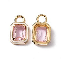 Blanco Colgantes rectangulares de cristal rosa, con fornituras de latón enchapadas en oro real 18k y esmalte, sin cadmio y sin plomo y sin níquel, blanco, 15.5~16x9x3.5~4 mm, agujero: 3.3 mm