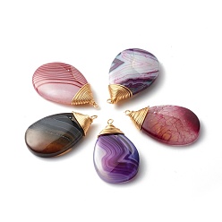 Mixed Color Natural Agate Pendants, with Real 18K Gold Plated Eco-Friendly Copper Findings, Dyed, Teardrop, Mixed Color, 46~51.5x27~30x8~9mm, Hole: 1.5~3mm