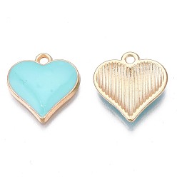 Turquoise Alloy Enamel Pendants, Cadmium Free & Nickel Free & Lead Free, Light Gold, Heart, Turquoise, 17x16x3mm, Hole: 1.6mm