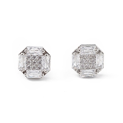 Platino Aretes hexagonales con circonitas cúbicas transparentes, joyas de latón para mujer, larga duración plateado, sin plomo y el cadmio, Platino, 8.5 mm, pin: 0.8 mm