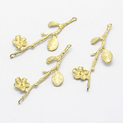 Raw(Unplated) Brass Peg Bails Pendants, For Half Drilled Beads, Lead Free & Cadmium Free & Nickel Free, Plum Blossom Branch, Raw(Unplated), 40x15x1.5mm, Hole: 1mm, Pin: 0.5mm