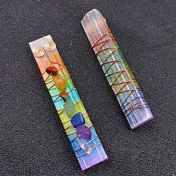 Colorful Chakra Jewelry, Natural Selenite Home Decorations, Brass Wire Wrapped Natural Gemstone Display Decorations, Rectangle, Colorful, 70~90x12~16mm