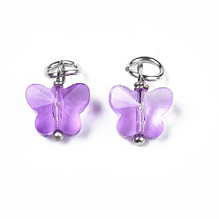 Medium Purple Faceted Transparent Glass Charms, with Iron Jump Ring, Butterfly, Medium Purple, 13~14x9.8x6mm, Hole: 4mm