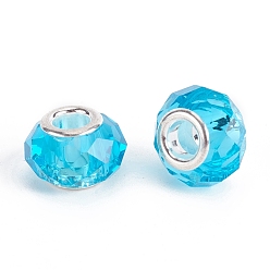 Bleu Ciel Foncé Verre à facettes perles européennes, Perles avec un grand trou   , avec de l'argent âme en laiton de tonalité, rondelle, bleu profond du ciel, 13.5~14x8.5~9mm, Trou: 5mm