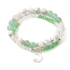 Green Aventurine Moon and Star Charm Multi-strand Bracelet, Natural Howlite & Green Aventurine Round Beads Bracelet, Sparkling Glass Beads Bracelet for Girl Women, Inner Diameter: 2-1/8 inch(5.4cm)