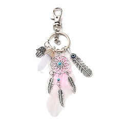 Pink Porte-clés pendentif en alliage et verre, avec l'anneau de la clé de fer, gland de plumes, filet/toile tissé avec plume et balle et main hamsa, rose, 10 cm