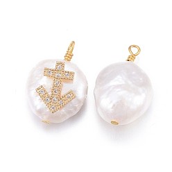 Sagittarius Natural Cultured Freshwater Pearl Pendants, with Brass Micro Pave Cubic Zirconia Findings, Nuggets with Constellation, Golden, Clear, Sagittarius, 17~22x11~16x5~11mm, Hole: 1.6mm