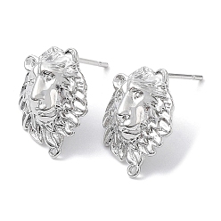 Real Platinum Plated Brass Stud Earring Finding, with Horizontal Loop, Lion, Real Platinum Plated, 15.5x12.5mm, Hole: 0.9mm, Pin: 0.7mm
