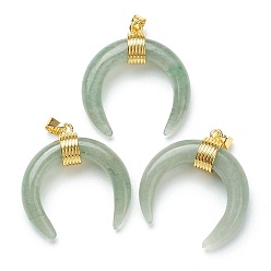 Green Aventurine Natural Green Aventurine Pendants, with Golden Brass Findings, Double Horn/Crescent Moon, 31~33x30x10mm, Hole: 6x4mm