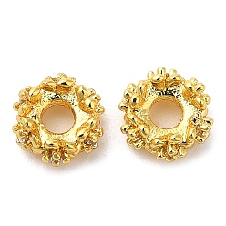 Real 18K Gold Plated Rack Plating Brass Micro Pave Cubic Zirconia Beads, Long-Lasting Plated, Lead Free & Cadmium Free, Flat Round with Flower, Real 18K Gold Plated, 6x3mm, Hole: 2mm