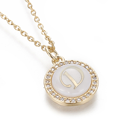 Letter D Brass Initial Pendant Necklaces, with Shell, Cubic Zirconia and 304 Stainless Steel Cable Chains, Flat Round with Letter, Letter.D, 17.5 inch(44.5cm), 1.5mm