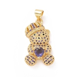 Purple Brass Cubic Zirconia Pendants, Golden, Bear with Heart Charm, Purple, 26x15x10mm, Hole: 4x4.5mm