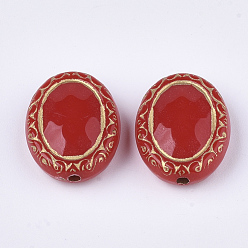 Red Plating Acrylic Beads, Metal Enlaced, Oval, Red, 17.5x13.5x6mm, Hole: 1.6mm, about 590pcs/500g