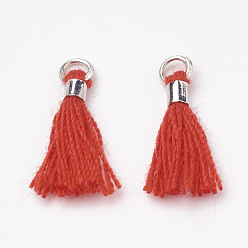 Rouge Décorations pendentif gland en polycoton (polyester coton), mini pompon, avec les accessoires en laiton, platine, rouge, 10~15x3~4mm, Trou: 2mm