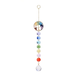 Round Natural & Synthetic Mixed Gemstone Tree with Glass Window Hanging Suncatchers, Golden Brass Tassel Pendants Decorations Ornaments, Round, 238mm