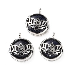 Blue Goldstone Synthetic Blue Goldstone Locket Pendants, Flat Round Charms, with Platinum Plated Brass Lotus Findings, 31.5x27x9mm, Hole: 4.6mm