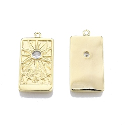 Real 18K Gold Plated Brass Micro Pave Clear Cubic Zirconia Pendants, Rectangle with Sun & Star, Real 18K Gold Plated, 27x13.6x2.3mm, Hole: 1.5mm