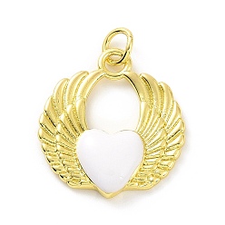 White Rack Plating Brass Enamel Pendants, with Jump Ring, Long-Lasting Plated, Real 18K Gold Plated, Cadmium Free & Lead Free, Wing with Heart Charm, White, 20.5x19x3.5mm, Jump Ring: 5x0.8mm, Inner Diameter: 3.5mm