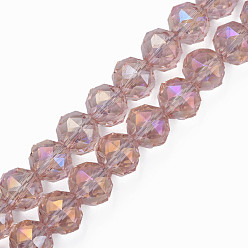 Pink Electroplate Transparent Glass Beads Strands, Faceted, Round, Pink, 10x8.5mm, Hole: 1.2mm, about 60pcs/strand, 20.47 inch(52cm)