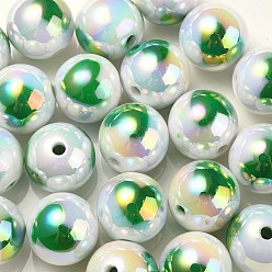 Lime UV Plating Rainbow Iridescent Acrylic Beads, Round with Heart Pattern, Lime, 16x15mm, Hole: 3mm