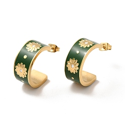 Dark Green Enamel Flower Wrap Stud Earrings, Golden 304 Stainless Steel Half Hoop Earrings for Women, Dark Green, 18x8x18mm, Pin: 0.8mm