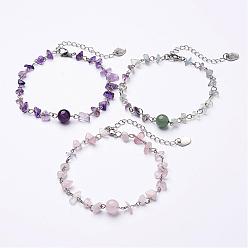 Mixed Stone Natural Gemstone Chip Anklets, with Iron Eye Pin, Tibetan Style Pendants and Lobster Clasp, 9-1/2 inch(240mm)