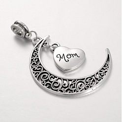 Antique Silver Mother's Day Theme, Tibetan Style Alloy Large Hole European Dangle Charms, Moon and Heart Pendants, with Word Mom, Antique Silver, 52mm, Hole: 5mm