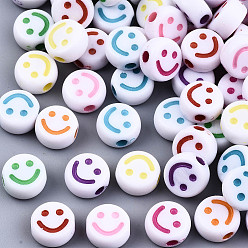 Mixed Color Opaque Craft Acrylic Beads, Flat Round with Smiling Face, Mixed Color, 10x5mm, Hole: 2mm, about 1500pcs/500g