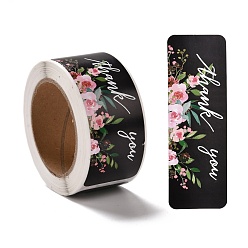 Black Flower Pattern Paper Gift Tag Stickers, Rectangle with Word Thank You Adhesive Labels Roll Stickers, for Party, Decorative Presents, Black, 2.8cm, about 120pcs/roll