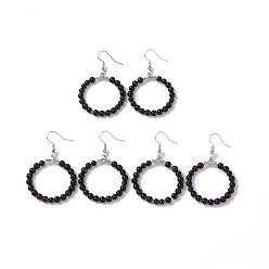 Obsidienne Boucles d'oreilles rondes en perles d'obsidienne naturelle, bijoux en laiton pour femmes, platine, sans cadmium et sans plomb, 54mm, pin: 0.6 mm