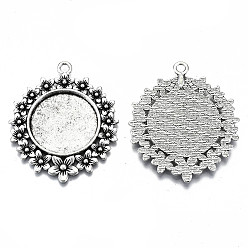Antique Silver Tibetan Style Alloy Pendant Cabochon Settings, Cadmium Free & Lead Free, Flat Round with Flower Side, Antique Silver, Tray: 25, 49x40.5x2.5mm, Hole: 3mm, about 130pcs/1000g