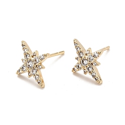 Real 18K Gold Plated Clear Cubic Zirconia Star Stud Earrings, Brass Jewelry for Women, Cadmium Free & Nickel Free & Lead Free, Real 18K Gold Plated, 12x10mm, Pin: 0.7mm