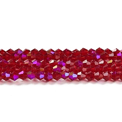 Темно-Красный Прозрачные стеклянные бусины гальваническим пряди, с покрытием AB цвета, граненые, двухконусные, темно-красный, 4x4 мм, отверстие : 0.8 мм, около 87~98 шт / нитка, 12.76~14.61 дюйм (32.4~37.1 см)