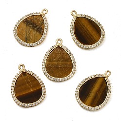 Tiger Eye Natural Tiger Eye Pendants, Teardrop Charms with Rack Plating Gloden Tone Brass Micro Pave Clear Cubic Zirconia Findings, 20.5x15x2mm, Hole: 1mm