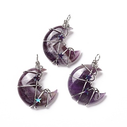 Amethyst Natural Amethyst Pendants, with Platinum Tone Brass Wire Wrapped and Hematite Star Beads, Cadmium Free & Lead Free, Moon, 45.5~47x32.5~33.5x11~12mm, Hole: 5mm