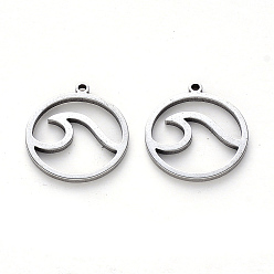 Stainless Steel Color 304 Stainless Steel Pendants, Laser Cut, Round Ring with Wave, Stainless Steel Color, 17x15x1mm, Hole: 1mm