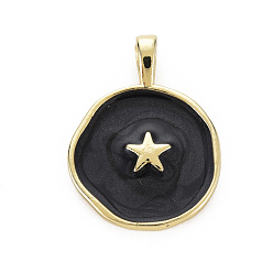 Negro Colgantes de esmalte de bronce, sin cadmio y níque y plomo, real 16 k chapado en oro, plano y redondo con estrella, negro, 20.5x15.5x4.5 mm, agujero: 2.5x3 mm