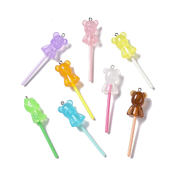 Mixed Color Luminous Translucent Resin Big Pendants, with Platinum Tone Iron Loops, Plastic, Glow in the Dark Bear Lollipops, Mixed Color, 69x17x15mm, Hole: 1.8mm