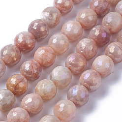 Dark Salmon Electroplate Natural Sunstone Beads Strands, Faceted, Round, Dark Salmon, 10mm, Hole: 1.2mm, about 39pcs/strand, 15.1~15.7 inch(38.5~40cm)