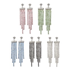Mixed Color Glass Rhinestone Chains Tassel Earrings, 304 Stainless Steel Dangle Stud Earrings, Mixed Color, 70~72.5x13mm