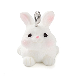 Rabbit Opaque Resin Pendants, Animal Charms with Platinum Plated Iron Loops, Rabbit, 17.5x10.5x13mm, Hole: 1.8mm