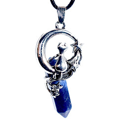 Sodalite Natural Sodalite Pointed Faceted Bullet Pendants, Moon with Cat Charms, with Platinum Plated Alloy Findings, 50x22.5x17mm