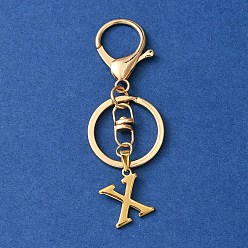 Letter X 304 Stainless Steel Initial Letter Charm Keychains, with Alloy Clasp, Golden, Letter X, 8.5cm